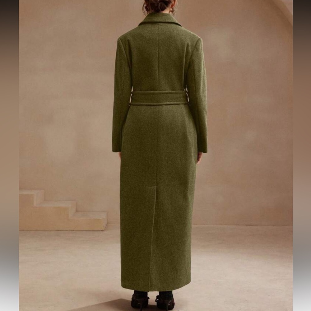 Luxury Long Pea Coat Belted Jacket dark Brown - Picture 7 of 13